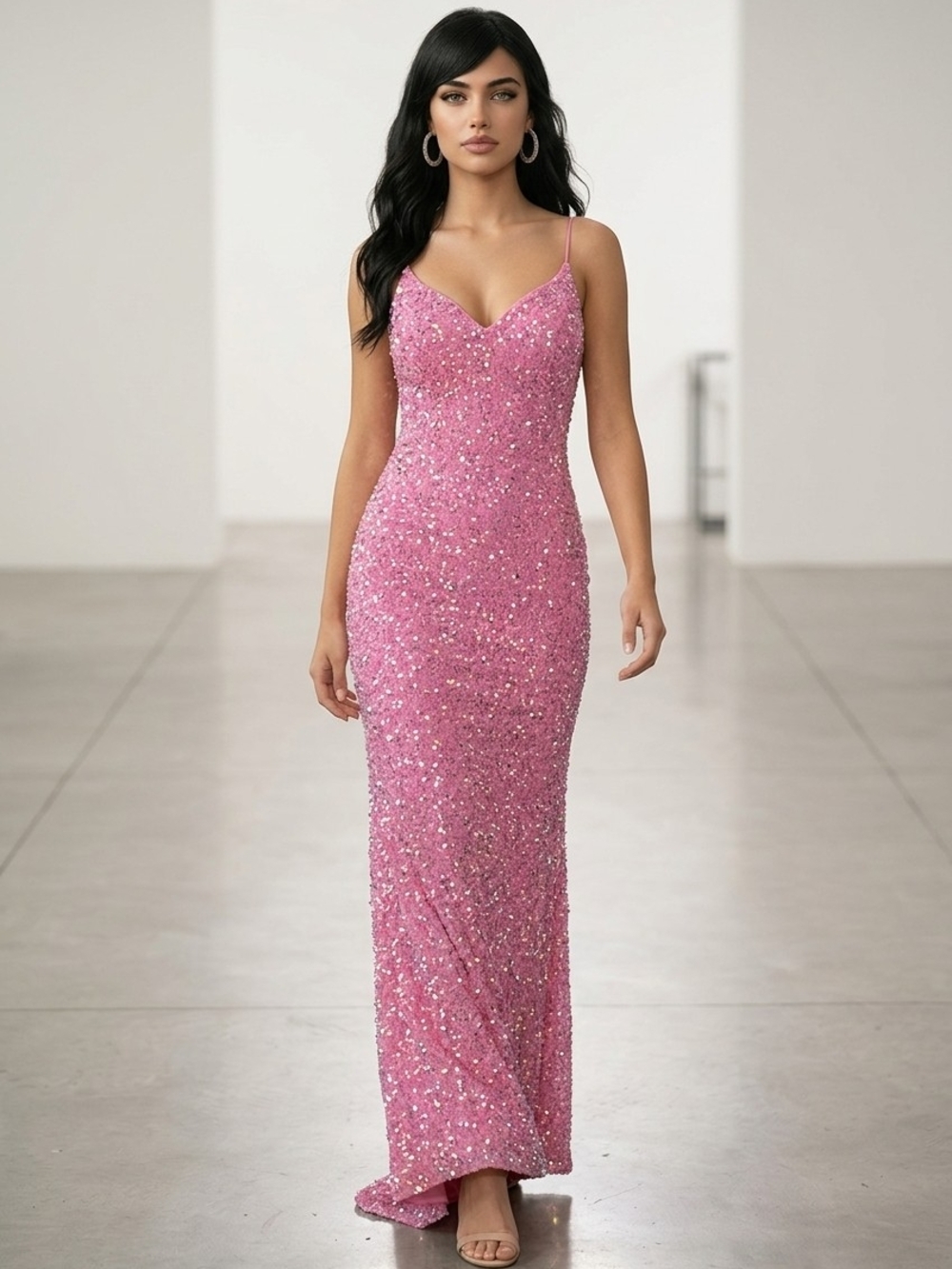 Sequin V-Neck Pink Maxi Dress with Spaghetti Straps
